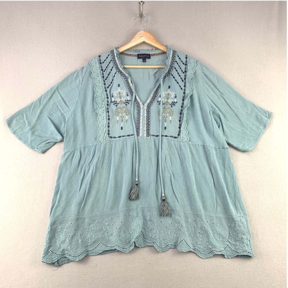 Artesia Embroidered Peasant Top Womens XXL Blue Boho Eyelet Tassel Rayon Blouse